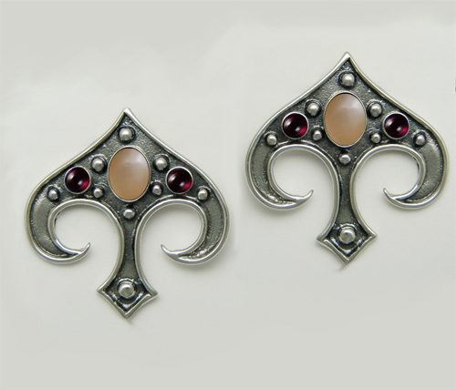 Sterling Silver Gothic Inspired Drop Dangle Earrings With Peach Moonstone And Garnet